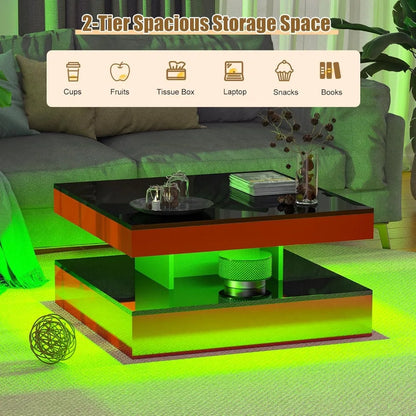 Red LED Coffee Table for Living Room, Living Room Table 2-Tier Square Modern High Glossy Contemporary Wood Coffee Tables