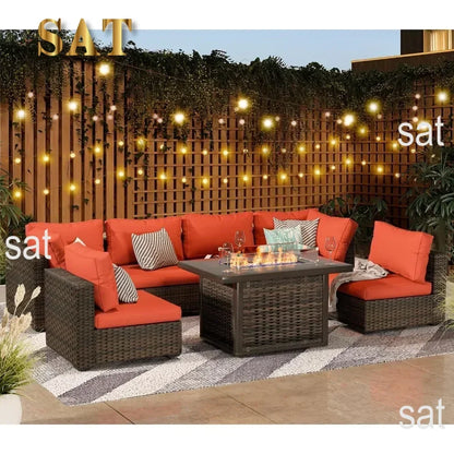 /Outdoor Furniture 7 Piece Sets with Fire Pit Table, Patio Couch Sectional with NoSlip Cushions and Cover, Outdoor Furniture S