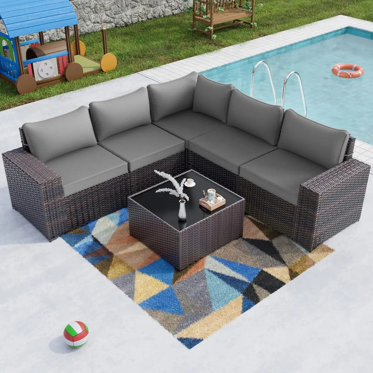 6PCS Outdoor Patio Furniture Set PE Wicker Rattan Sectional Sofa Patio Conversation Sets, Customized