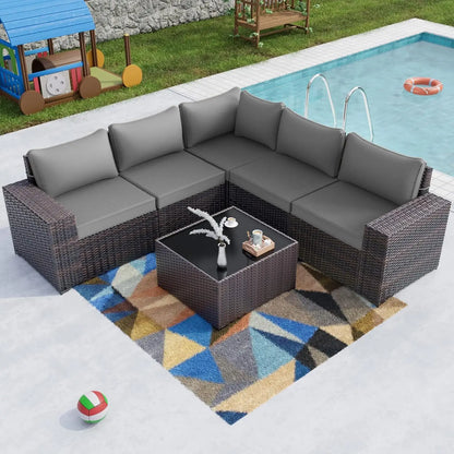 6PCS Outdoor Patio Furniture Set PE Wicker Rattan Sectional Sofa Patio Conversation Sets, Customized