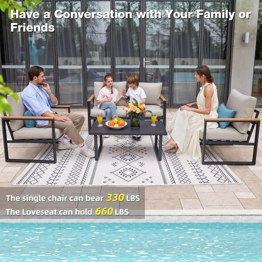 PatioLix Furniture Set, 4 Pieces Outdoor Patio Furniture with Coffee Table Set, Metal Patio Conversation Sets with Washable