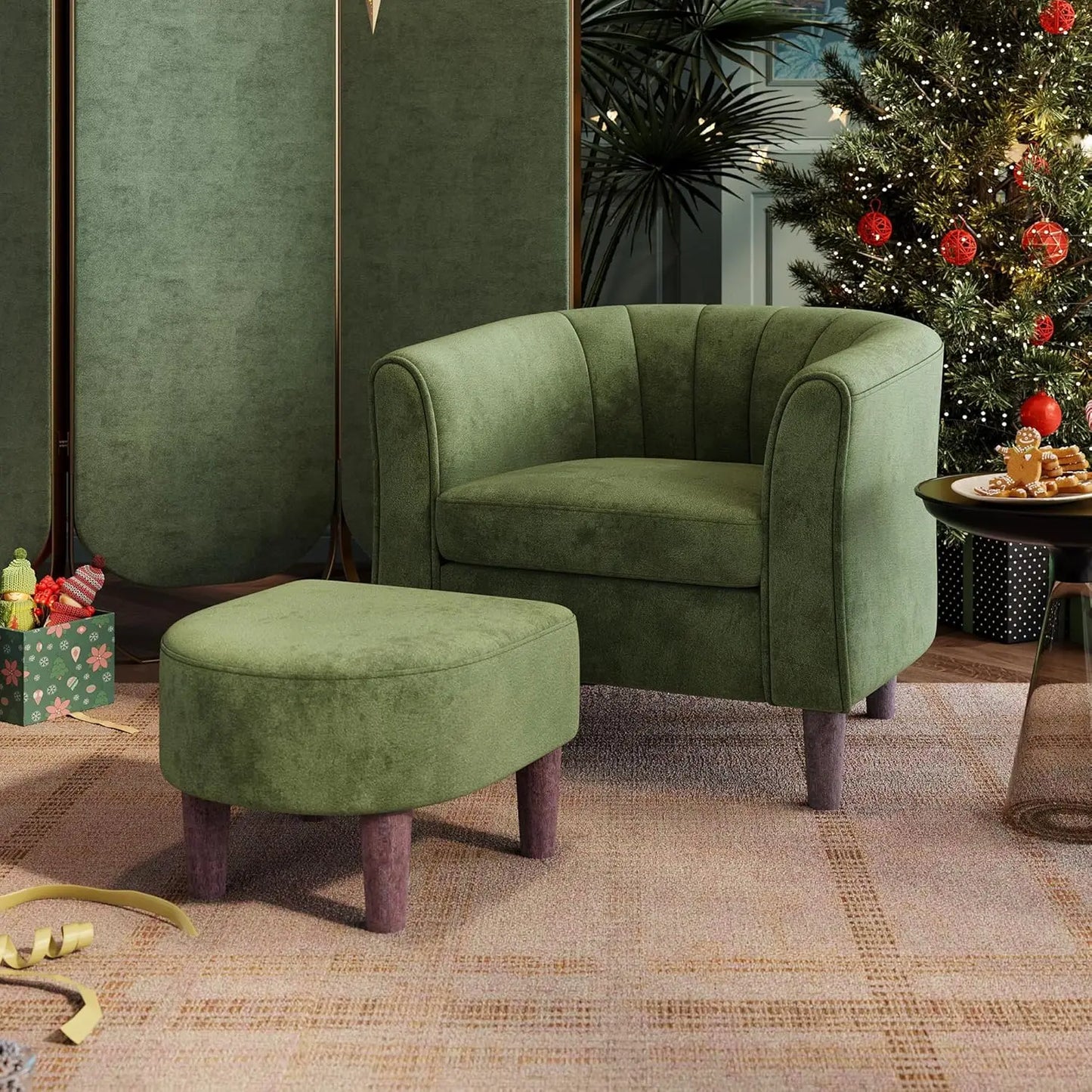 Modern Velvet Accent Chair with Ottoman, Comfy Barrel Reading Armchair for Living Room Bedroom in Olive Green