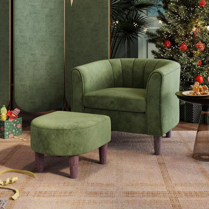 Modern Velvet Accent Chair with Ottoman, Comfy Barrel Reading Armchair for Living Room Bedroom in Olive Green