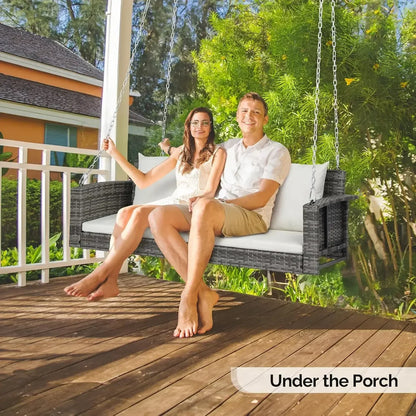 [XMSJ]Heavy Duty 800 LBS Wicker Hanging Porch Swing with Cushions & Chains, 5FT Outdoor Rattan Swing Bench for Garden, Yard, Law