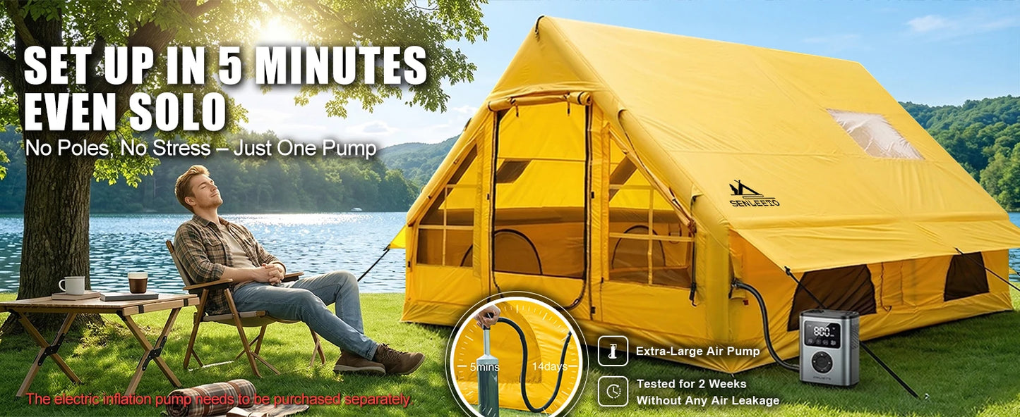 129 Sq Ft Inflatable Camping Tent Easy Setup Waterproof Oxford Air Tent House with Pump 4 Season Family Glamping Tent