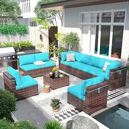 Patio Furniture Set Outdoor Modern Sectional  Wicker Couch with Glass Coffee Table, Thicken Cushions, Waterproof Cover