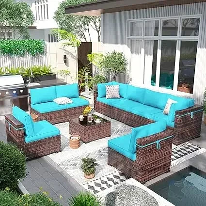 Patio Furniture Set Outdoor Modern Sectional  Wicker Couch with Glass Coffee Table, Thicken Cushions, Waterproof Cover
