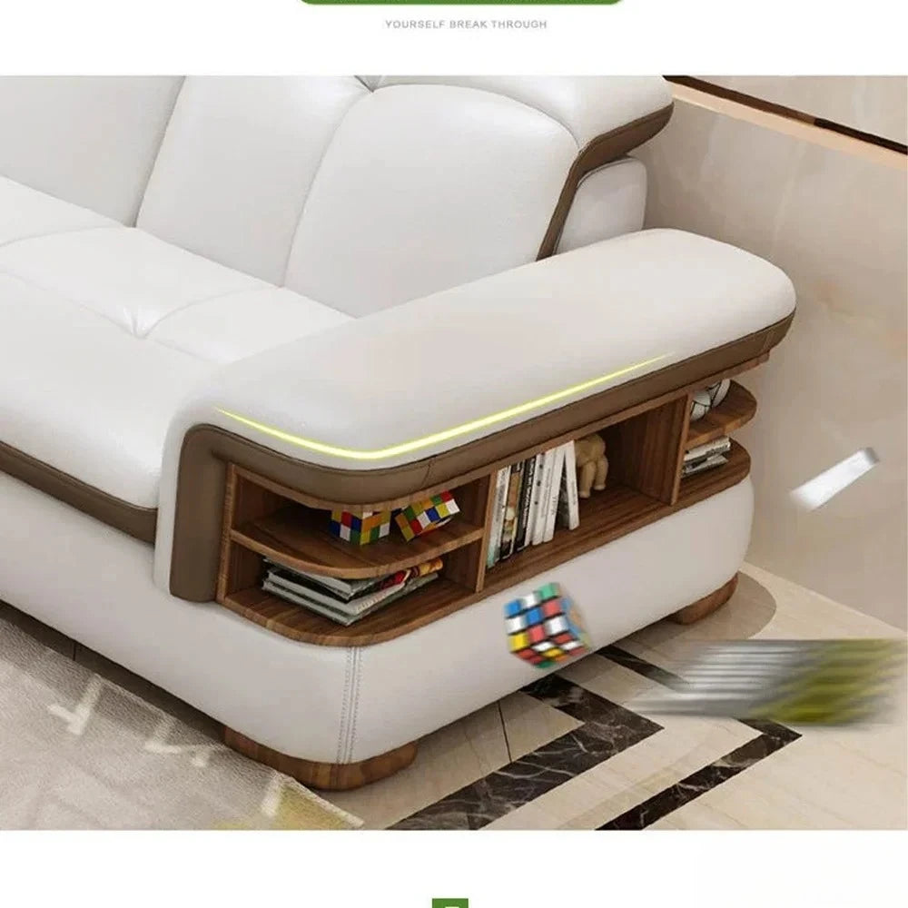 Luxury L-Shaped Genuine Leather Sectional Sofa Sets with USB, Bluetooth Speaker - MINGDIBAO Living Room Italian Leather Couches