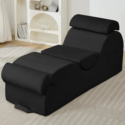 Sleek Chaise Lounge Chair for Exercise/Yoga, Indoor Lounger with Headrest, Waist Cushion, Movable Footrest, Side Pockets, Non-Sl
