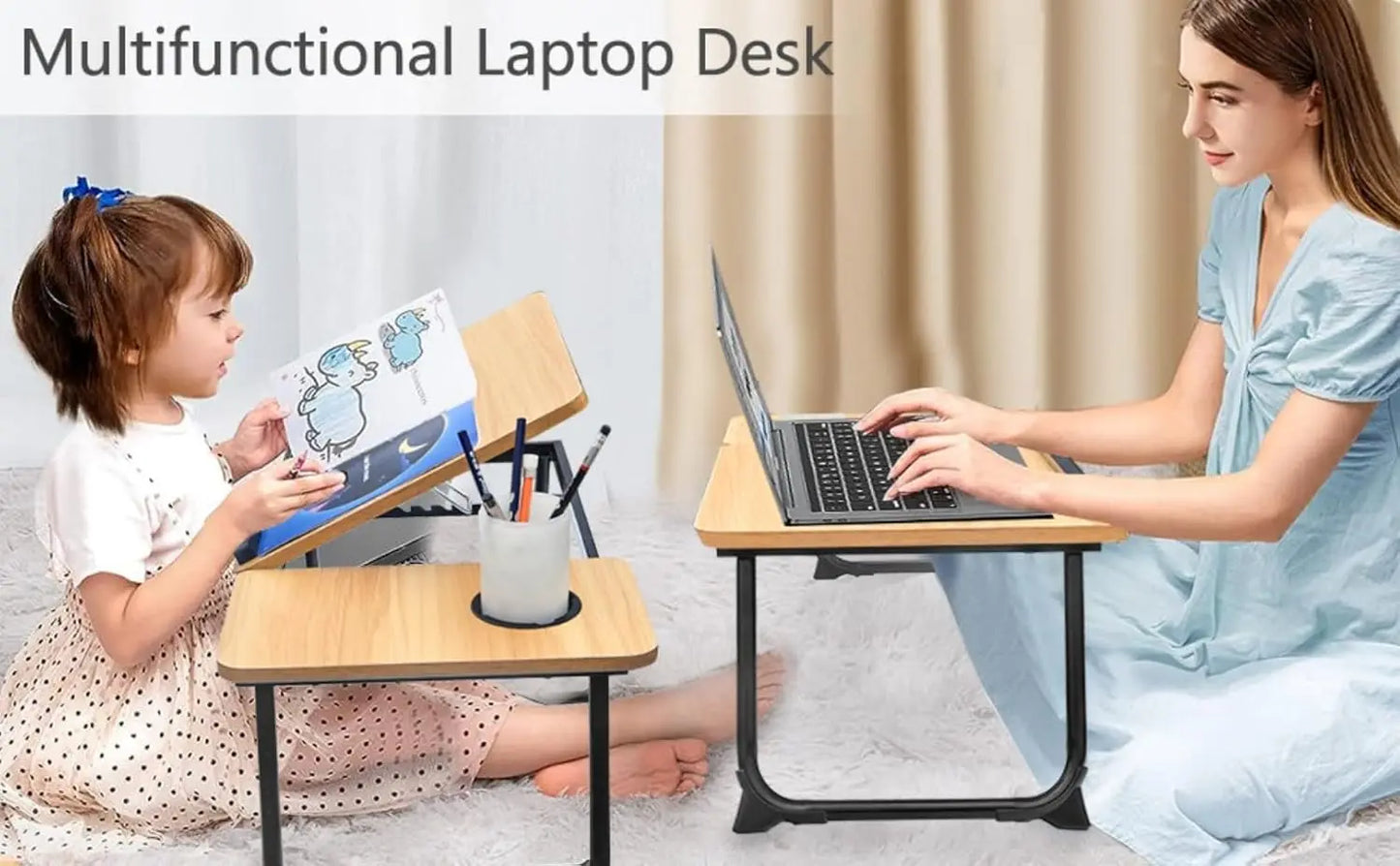 Adjustable Laptop Desk for Bed, Foldable Portable Stand with Cup Holder, Ideal for Writing and Work in Bed