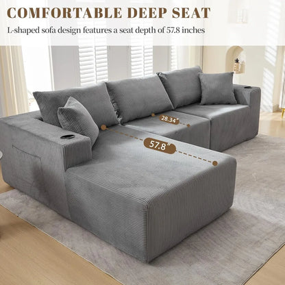107-inch Cloud-Style Sofa, Modular Sofa with L-Shaped Chaise Longue, Corduroy Frameless Sofa, Living Room Upholstered Sofa