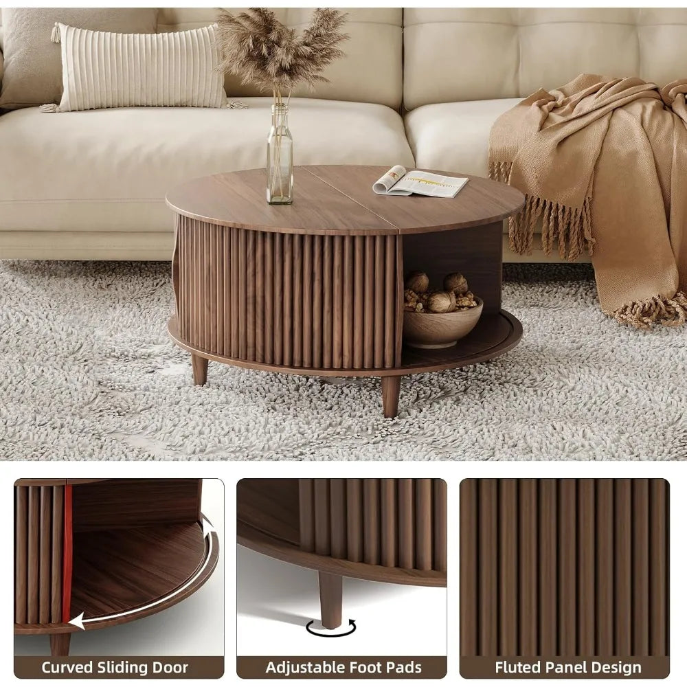 Round Coffee Table with Storage,Fluted Center Table with Sliding Cabinet Door for Living Room,Home Small Space