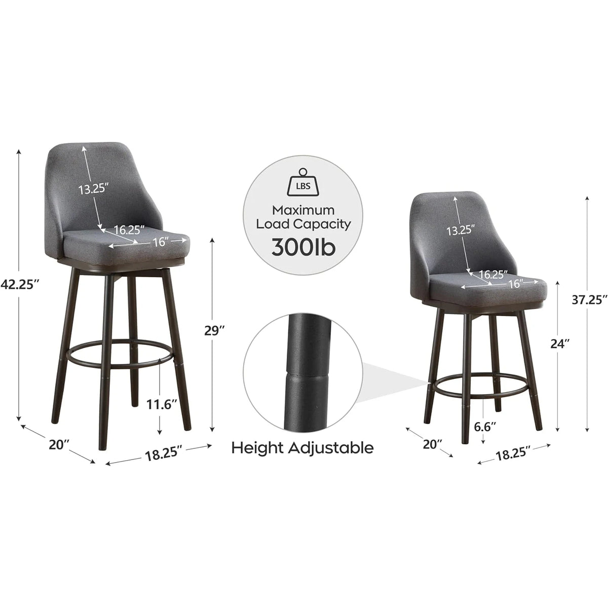 2PCS Chenille  Adjustable Height Swivel Bar Stools with Back, Modern Tall Barstools For Kitchen Island, Dining Room, Cafe