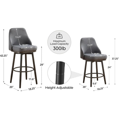 2PCS Chenille  Adjustable Height Swivel Bar Stools with Back, Modern Tall Barstools For Kitchen Island, Dining Room, Cafe