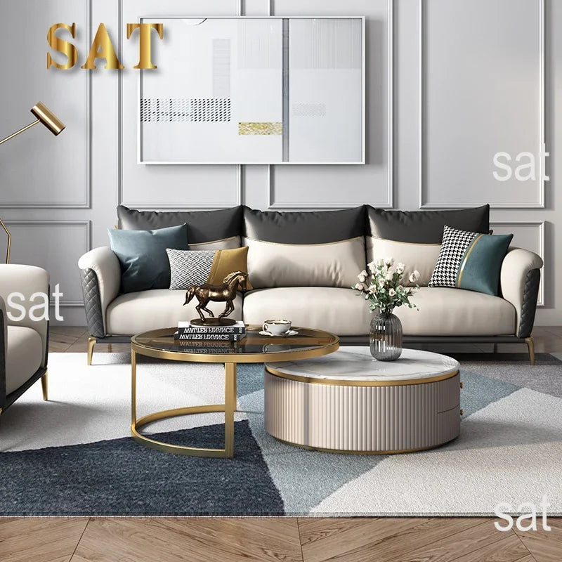 #Luxury Furniture Marble Top Gold Stainless Steel Frame Sectional Glass Round Coffee Table
