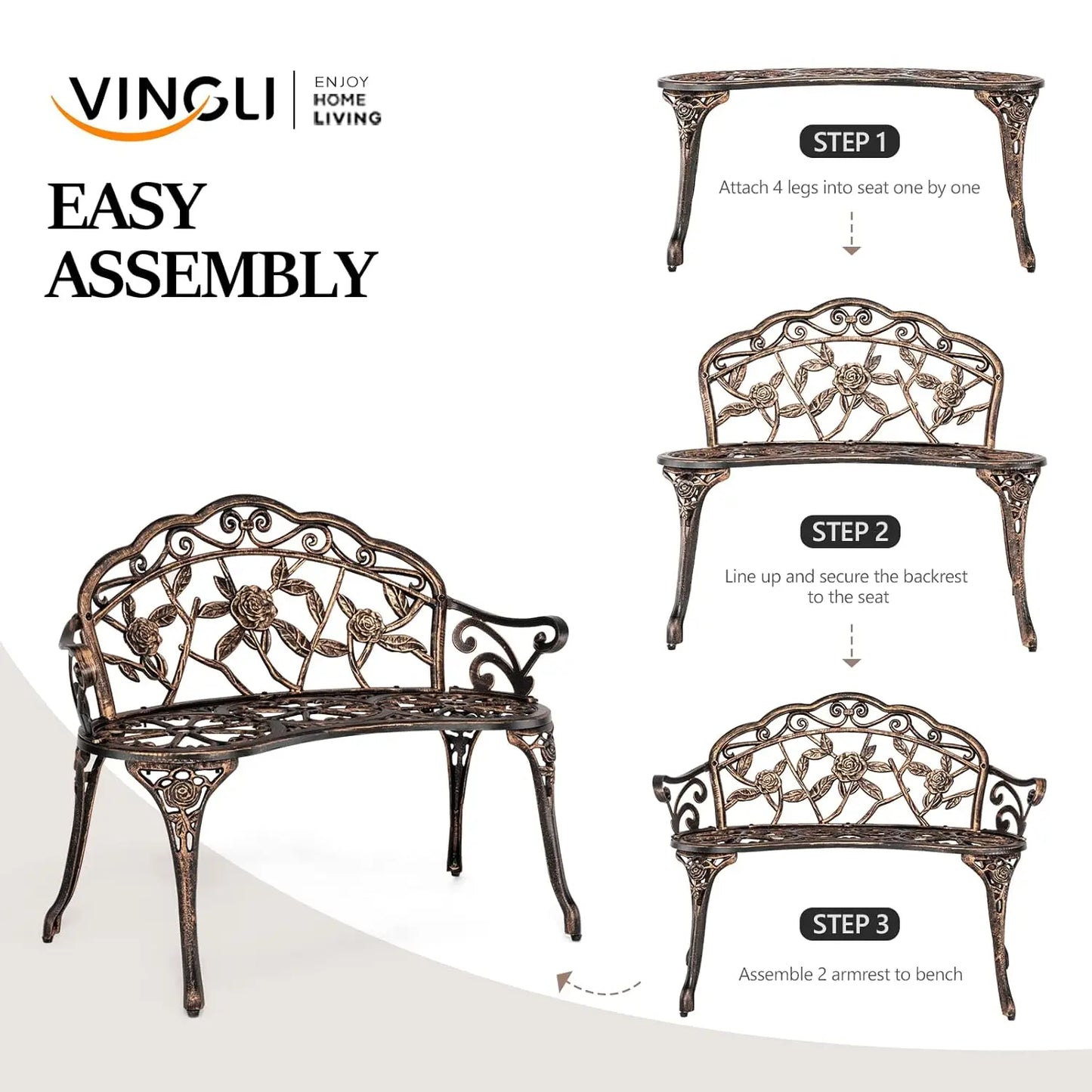 38.5" Patio Park Garden Outdoor Metal Rose Bench, 2-Person Cast Iron Cast Aluminium Frame Antique Finish Chair,Accented Lawn Fro