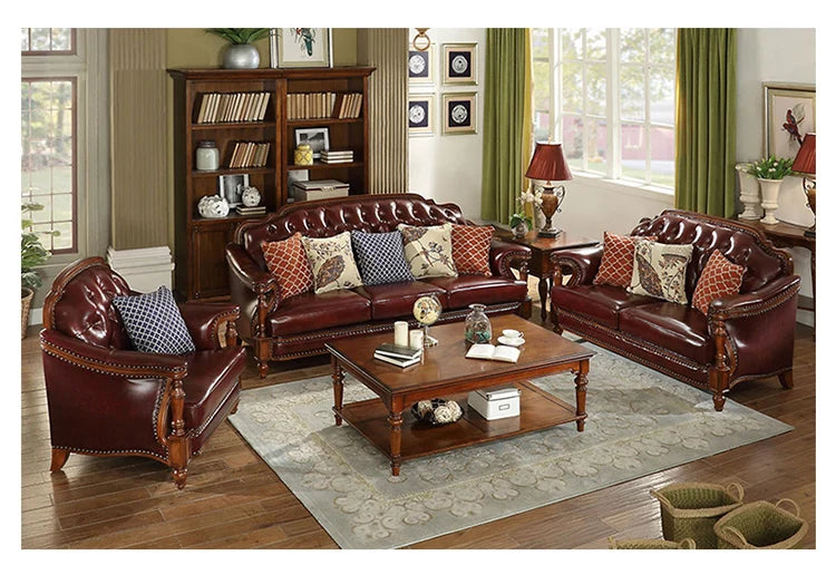 American first-layer leather sofa combination simple household solid wood corner villa L-shaped sofa
