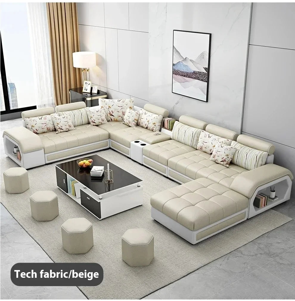 Linlamim Fabric Sofa Set Furniture Living Room Sofa Set with USB and Stools / Big U Shape Cloth Couch Sofas for Home Furniture
