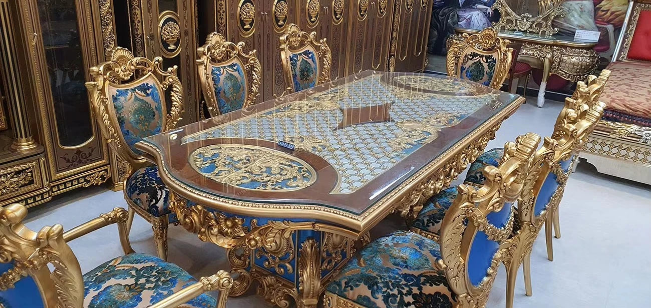 French Royal Baroque Dining Set — Hand-Carved Solid Wood Table with Upholstered Chairs, Luxury Gold for Villa/Hotel