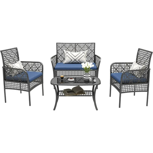 4 Pieces Outdoor Patio Furniture Set,PE Rattan Wicker Garden Conversation Chairs with Tempered Glass Table and Soft Cushions