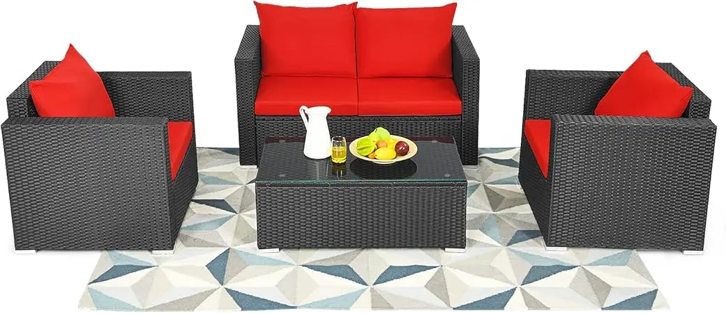 4 Piece Patio Rattan Conversation Furniture Set, Outdoor Wicker Sofa Set with Padded Cushion & Tempered Glass Coffee Table, Wic