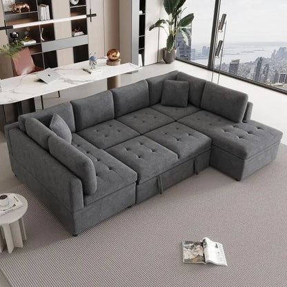 117.3" U-Shaped Oversized Sectional Sofa Couch with Pull-out Bed & 2 Pillows for Living Room, Gray Color