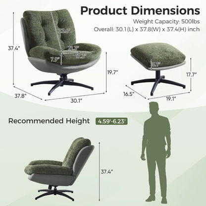 Rocking Swivel Accent Chair with Ottoman, 360° Oversized Metal Base Swivel Rocker Accent Chairs, Reclining Lounge Chair