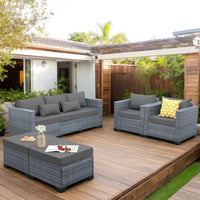 Patio Furniture Set, 5-Piece Outdoor Wicker Conversation Set with All-Weather PE Rattan, Anti-Slip Cushions & Ottomans, Sectiona