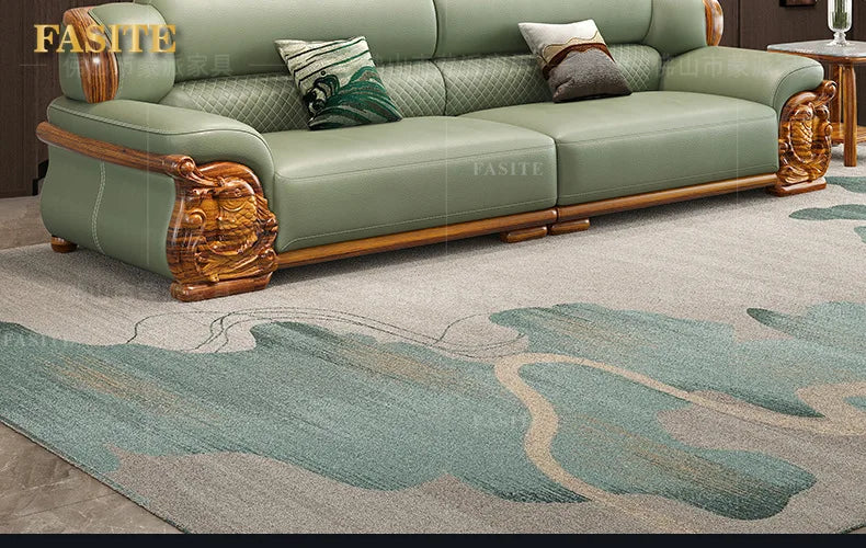 European ebony leather sofa large apartment luxury villa home living room new Chinese furniture solid wood carved fish