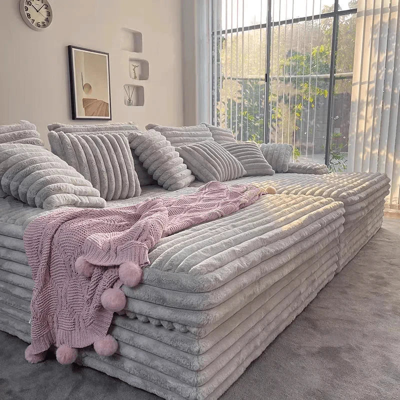Wide Deep Seat Oversized Loveseat Chaise Compressed Sofa Bed, Fluffy Corduroy Upholstered Cloud Couch Living Room Sofas