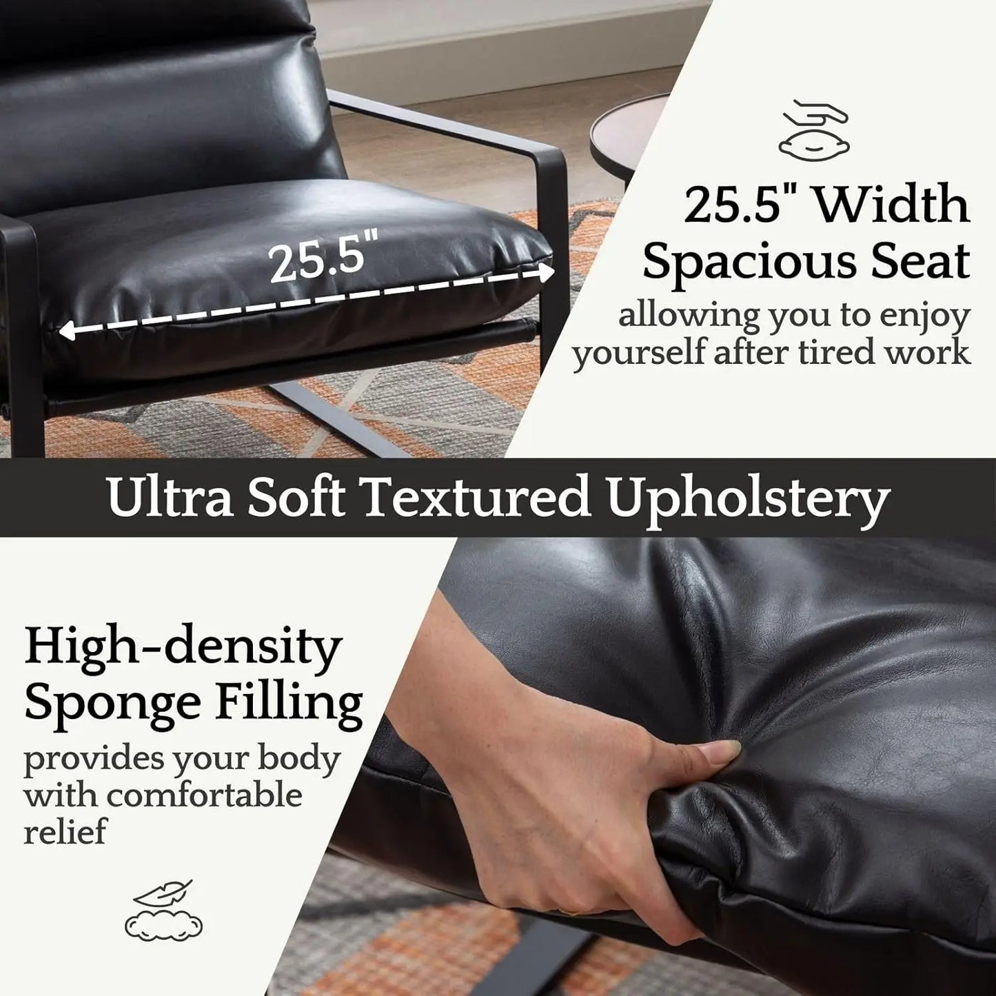 Modern PU Leather Office Chair with Metal Base Removable Cushion Comfy Lounge Chair for Living Room Bedroom Office Black
