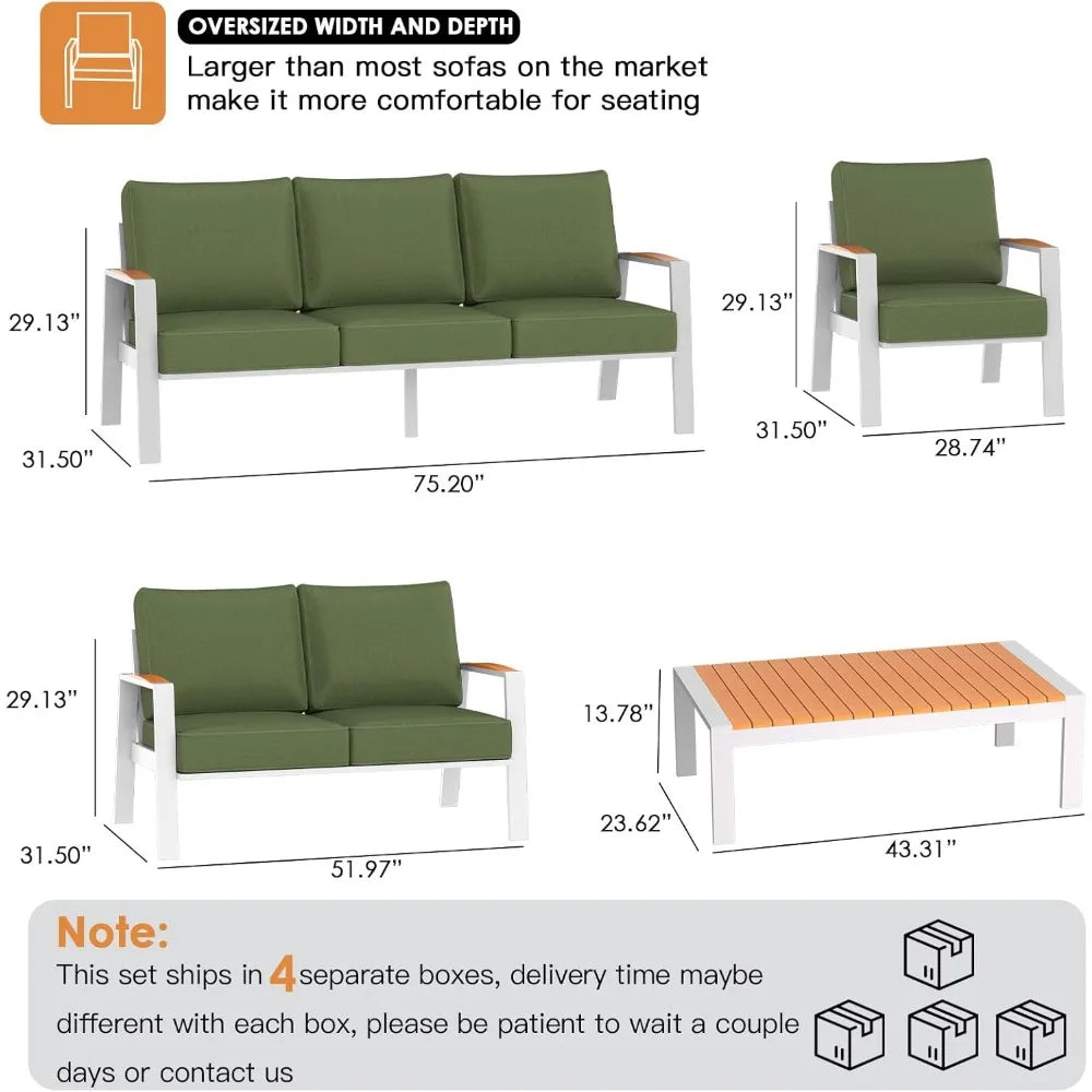 Outdoor Couch Aluminum Patio Furniture Set, All-Weather Metal 3-Seat Sofa with Solid Teak Armrest and Thick Cushions, Green