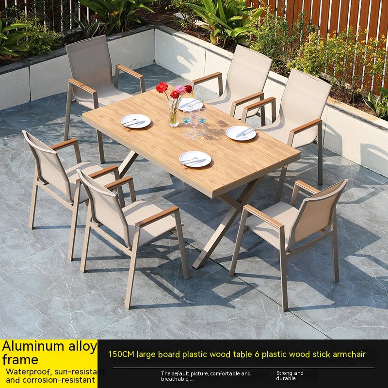 #Modern Outdoor Aluminum Chair Wood Metal Frame Villa Patio Garden Table Chair Set For Dining Courtyard Leisure