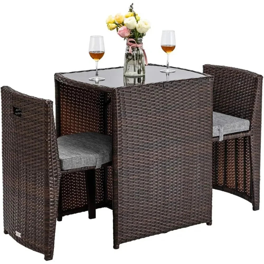Outdoor Table, 3 PCS Wicker Outdoor Patio Set, with Glass Top Table Dining Chairs, Tables and Chairs Set of 2