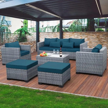 Outdoor Conversation Set PE Rattan Sectional Sofa Couch with Storage Table and Peacock Blue