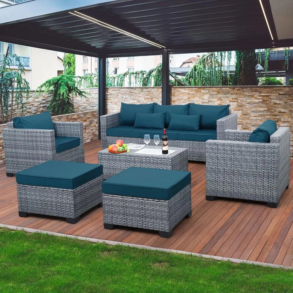 Outdoor Conversation Set PE Rattan Sectional Sofa Couch with Storage Table and Peacock Blue
