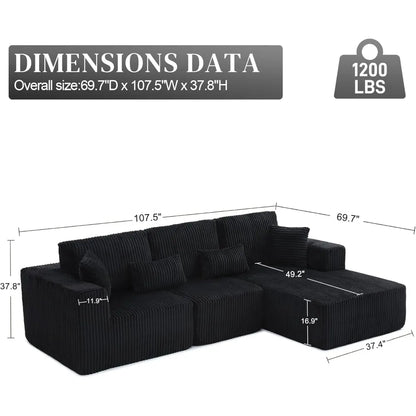 Modular Sectional Sofa Cloud Sectional Couch, 107" Comfy Fluffy L Shaped Dark Black Couches for Living Room