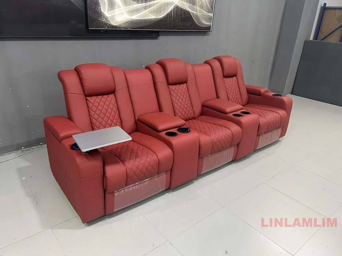 Linlamlim Luxury 3-Seat Recliner Sofa with Cup Holders, Leather Home Theater Seating, Cinema Recliner Couch with Center Console