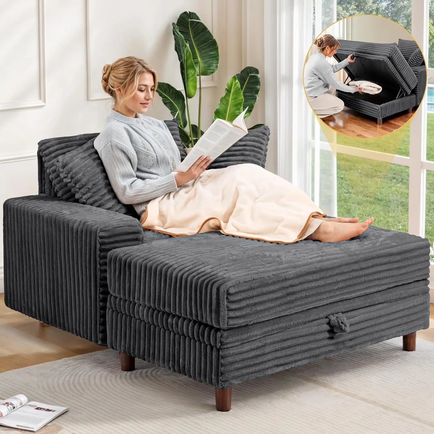 54" Oversized Chaise Lounge Chair Indoor, Comfy Sofa Bed with Storage and Ottoman, Upholstered Reading Chairs Cloud Couches, Kha