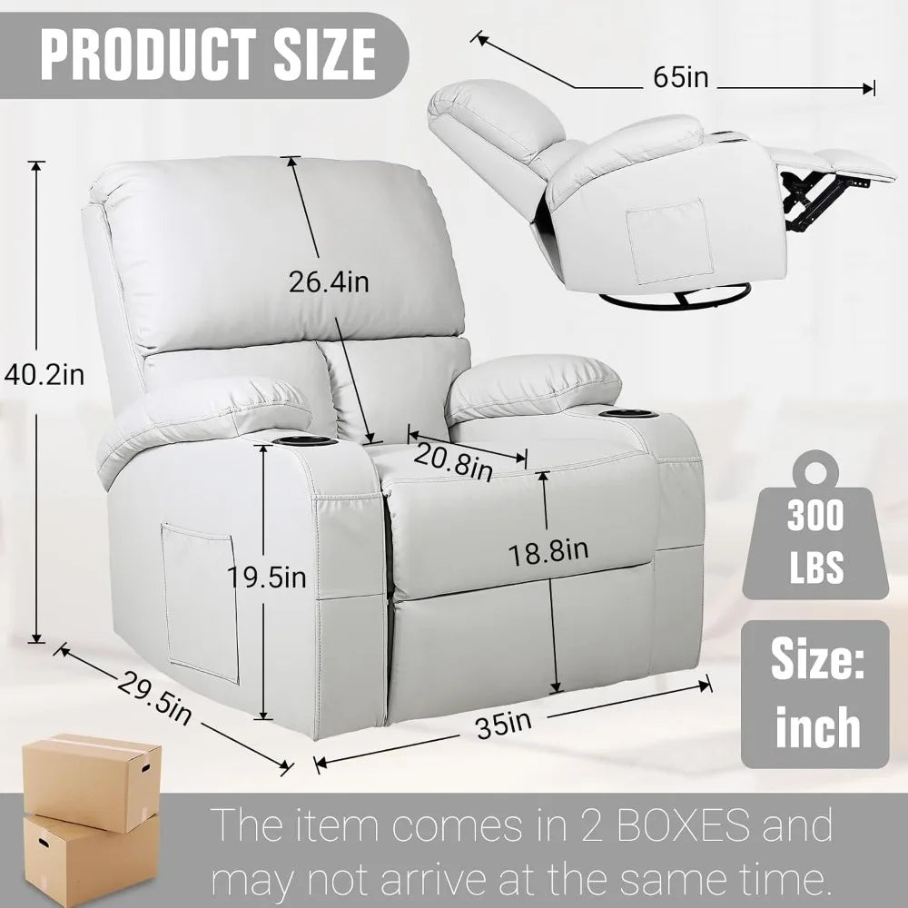 Swivel Rocker Recliner Chair with Massage Heat USB Charging Grey