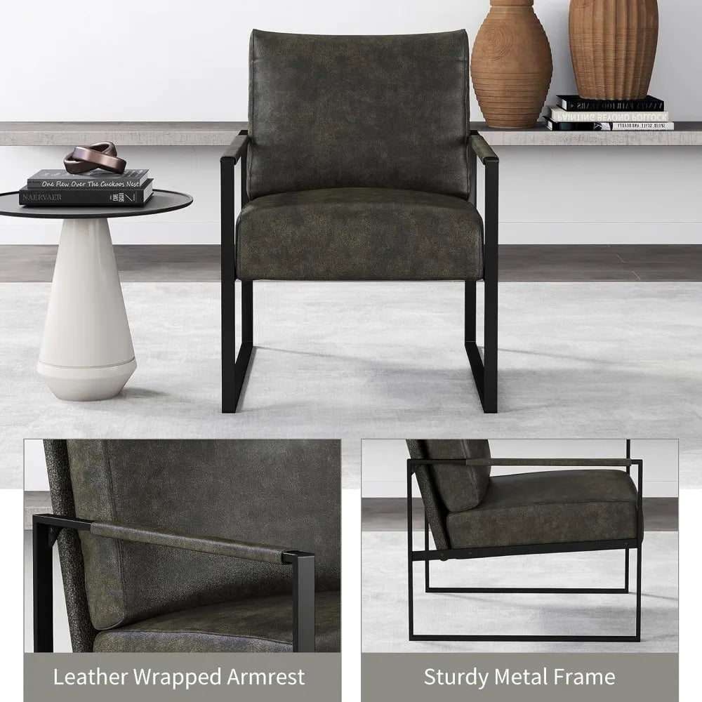Mid Century Modern Accent Chair, PU Leather Armchair with Metal Frame,Comfy Single Reading Chair with Soft Padded Backrest and