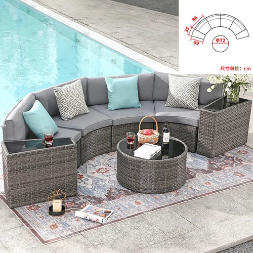 Sofa, courtyard, garden, leisure, outdoor living room, semi circular curved rattan chair, terrace, outdoor furniture combination
