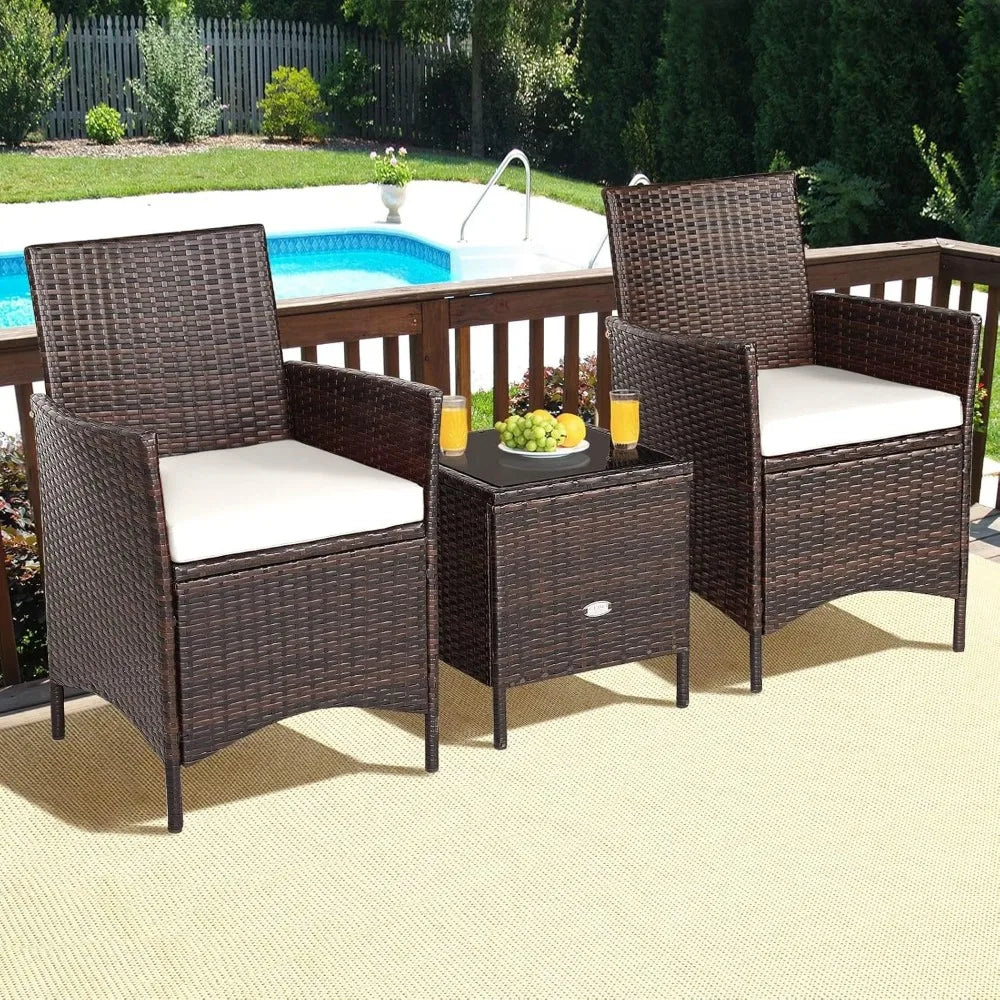 3 Pieces Rattan Patio Bistro Set, PE Wicker Furniture Set Outdoor Conversation Set with Coffee Table & Soft Cushions