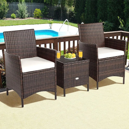 3 Pieces Rattan Patio Bistro Set, PE Wicker Furniture Set Outdoor Conversation Set with Coffee Table & Soft Cushions