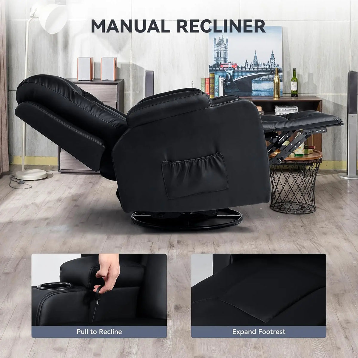 Living Room Furniture Set,Bonded Leather Loveseat Sofa with Cup Holder Recliner Chair,3+2,Black