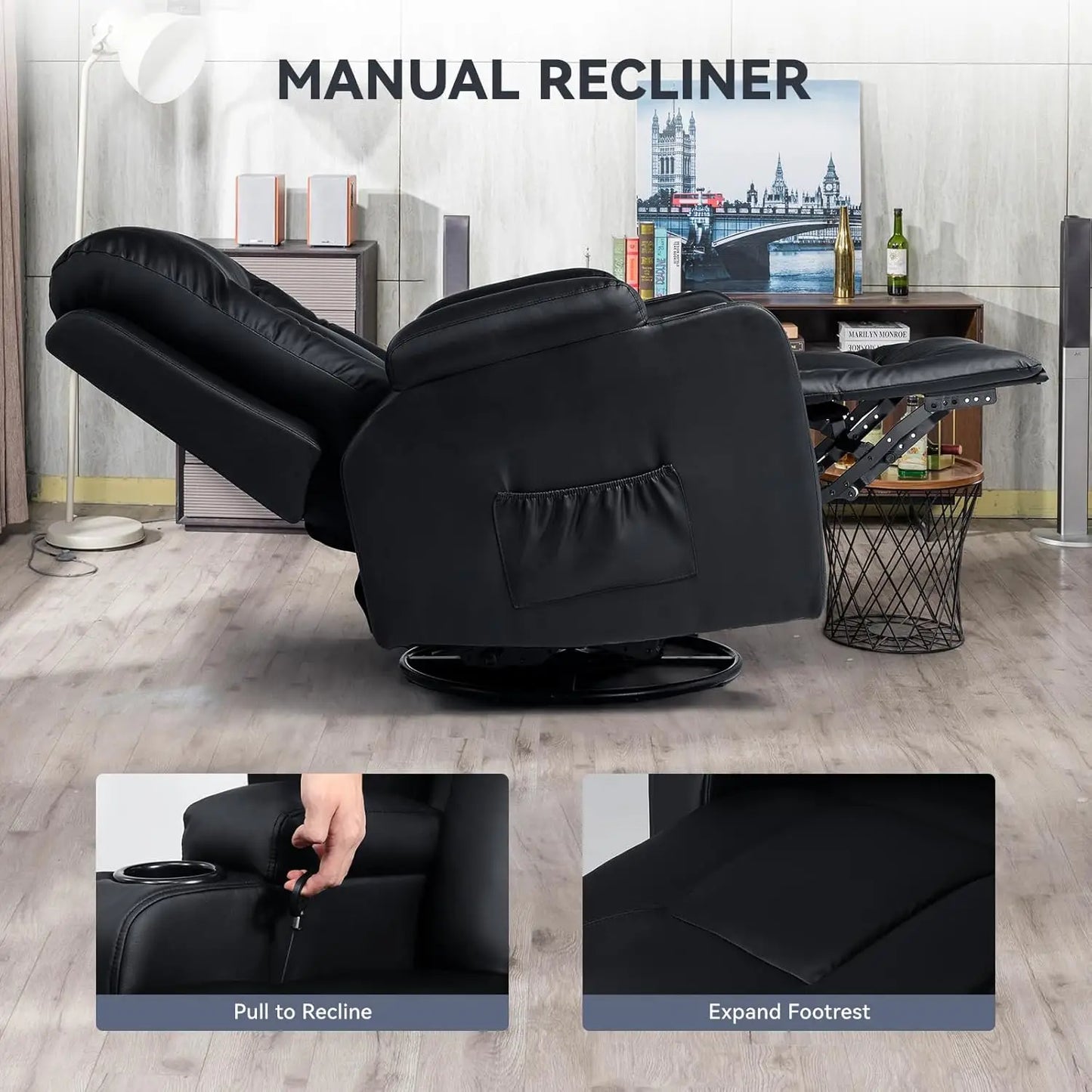 Living Room Furniture Set,Bonded Leather Loveseat Sofa with Cup Holder Recliner Chair,3+2,Black