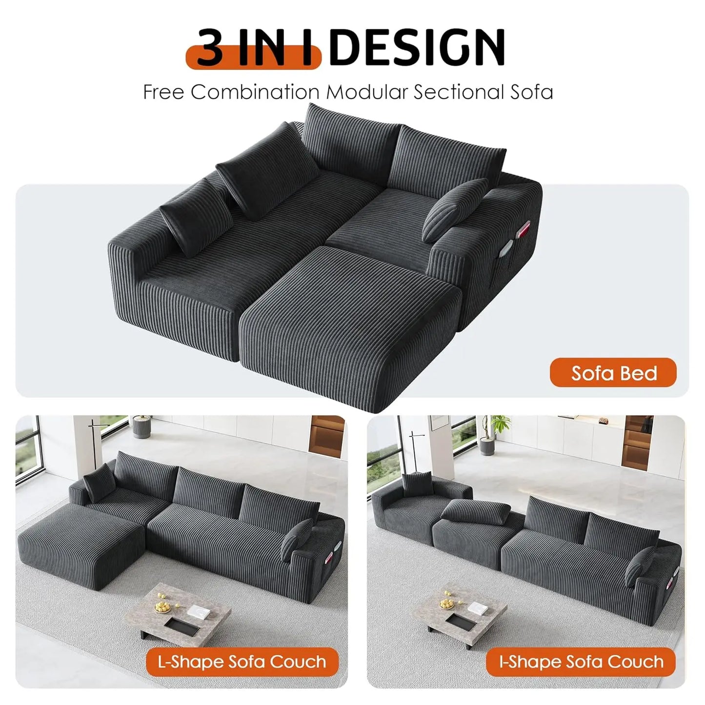 Customized 108" Cloud Modular Sofa, L Shaped Boneless Deep Seat Chaise No Assembly