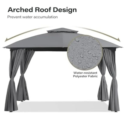 10'x10' Patio Arc Gazebo, Outdoor Canopy Tent with Curved Roof Design, Double Tier Top, Privacy Curtains and Wind-Resistant Rop