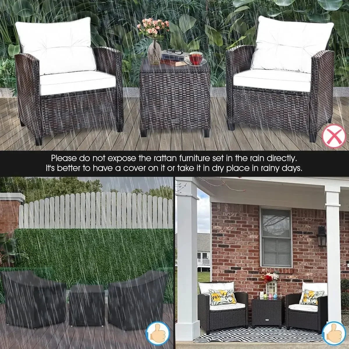 High quality  3 Pieces Patio Furniture Set, PE Rattan Wicker 3 Pcs Outdoor Sofa Set w/Washable Cushion and Tempered Glass Tablet