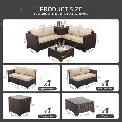 Outdoor Patio Furniture Set 4 Piece， Brown Rattan Sectional Sofa Couch PE Wicker Conversation Sets with Storage Box Glass Top Ta